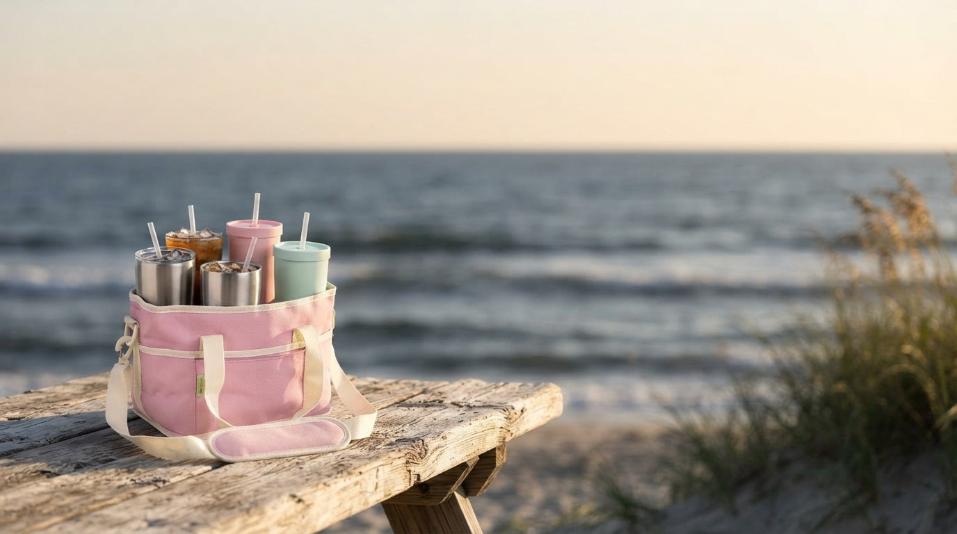 A 4-cup drink carrier holding beverages on a wooden table at a beach, with a blurred coastal background and open space for te