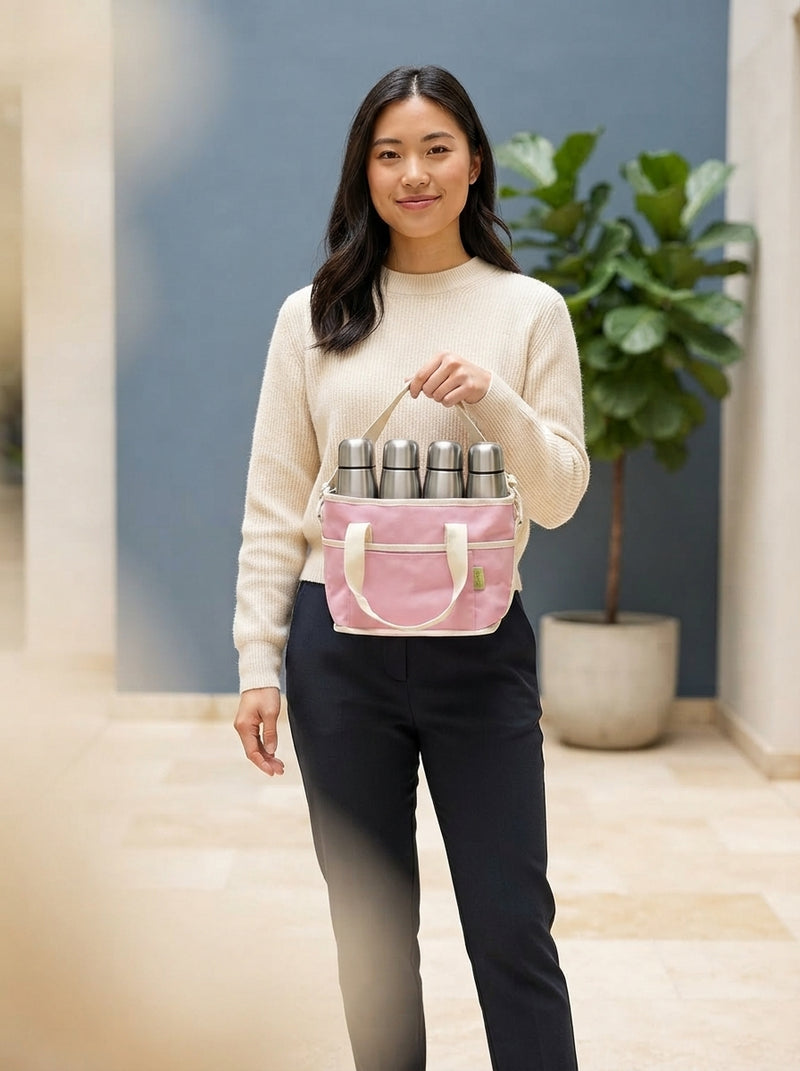 A diverse person carrying a four-cup drink carrier in a bright, modern courtyard with slate blue and cream tones.