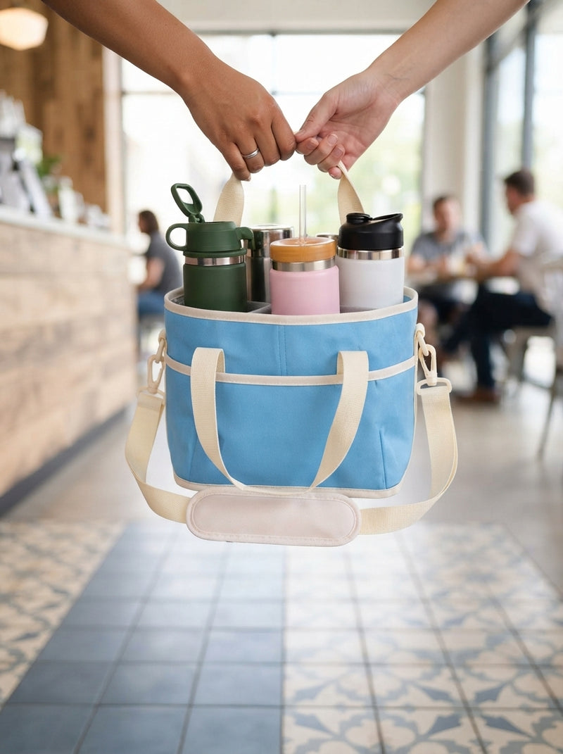 A person holding a four-cup drink carrier containing various coffee cups in a brightly lit, modern cafe.