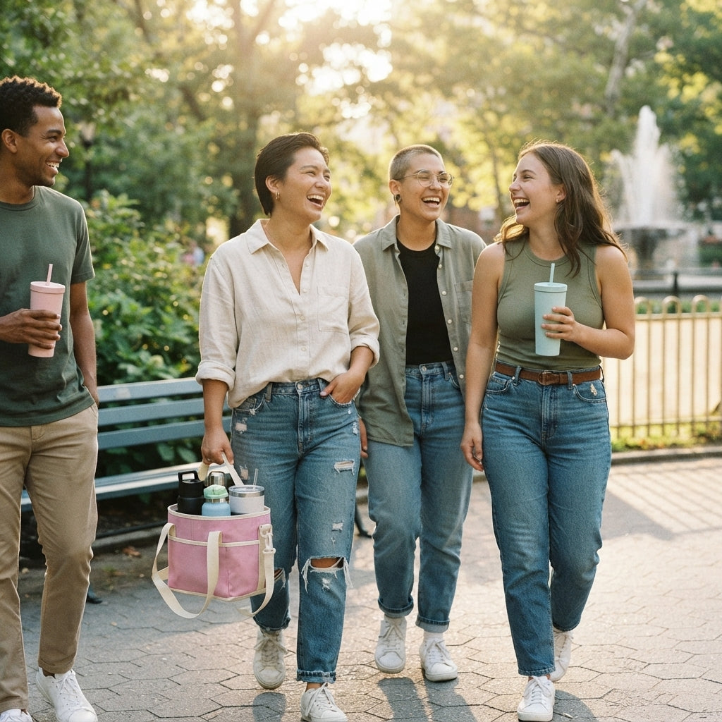 A diverse group of friends carrying four drinks in a CarrySip carrier while walking through a sunny city park.